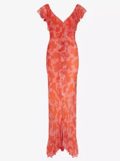 Vacation Dresses Maxi Backless Ruffles Pleated Short Sleeves Floral Print V-Neck Petal Sleeves Chic Orange Dress