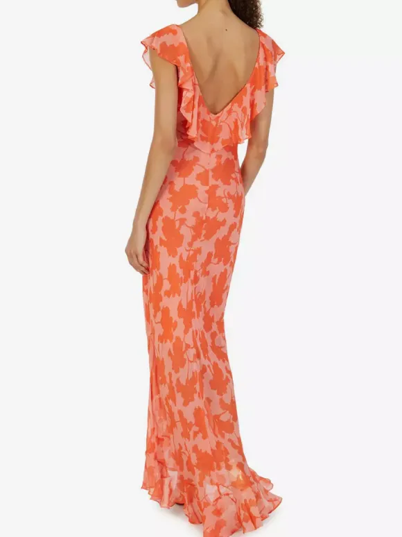 Vacation Dresses Maxi Backless Ruffles Pleated Short Sleeves Floral Print V-Neck Petal Sleeves Chic Orange Dress