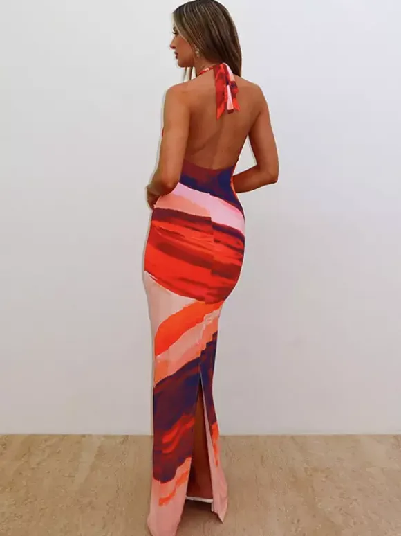 Vacation Dresses Maxi Backless Sleeveless Lace-up U-Neck Chic Orange Dress