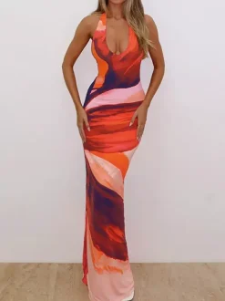 Vacation Dresses Maxi Backless Sleeveless Lace-up U-Neck Chic Orange Dress