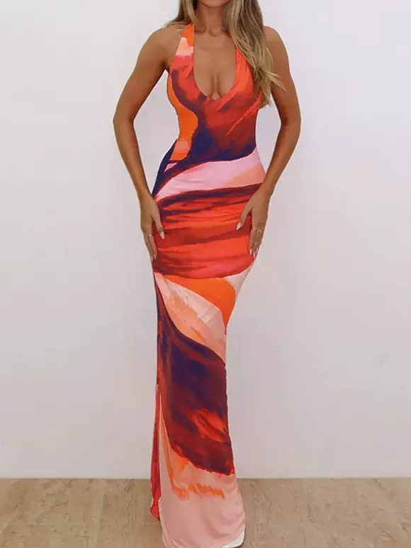 Vacation Dresses Maxi Backless Sleeveless Lace-up U-Neck Chic Orange Dress