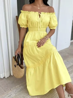 Vacation Dresses Maxi Backless Ruffles Lace Up Short Sleeves Off-The-Shoulder Puff Sleeves Sexy Dress