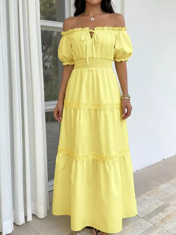 Vacation Dresses Maxi Backless Ruffles Lace Up Short Sleeves Off-The-Shoulder Puff Sleeves Sexy Dress