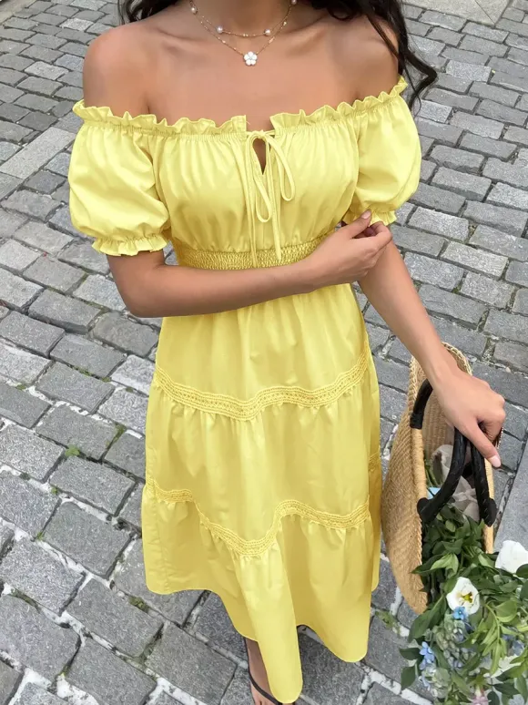 Vacation Dresses Maxi Backless Ruffles Lace Up Short Sleeves Off-The-Shoulder Puff Sleeves Sexy Dress