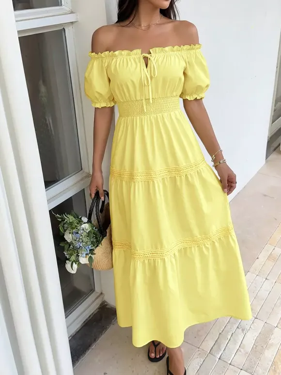 Vacation Dresses Maxi Backless Ruffles Lace Up Short Sleeves Off-The-Shoulder Puff Sleeves Sexy Dress