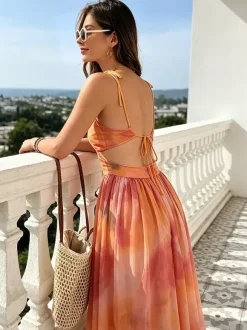 Vacation Dresses Maxi Cross Front Sleeveless Floral Print Straps Neck Chic Orange Dress