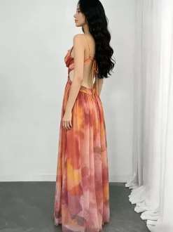Vacation Dresses Maxi Cross Front Sleeveless Floral Print Straps Neck Chic Orange Dress