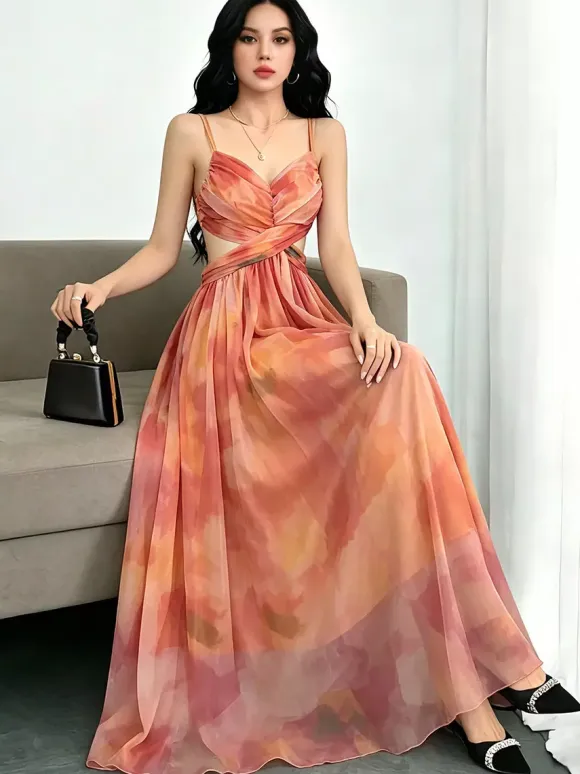 Vacation Dresses Maxi Cross Front Sleeveless Floral Print Straps Neck Chic Orange Dress