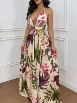 Vacation Dresses Maxi Cut Out Sleeveless V-Neck Sexy Cyan Blue Bohemian Dress