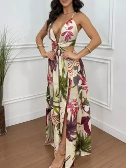 Vacation Dresses Maxi Cut Out Sleeveless V-Neck Sexy Cyan Blue Bohemian Dress