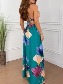 Vacation Dresses Maxi Cut Out Sleeveless V-Neck Sexy Cyan Blue Bohemian Dress