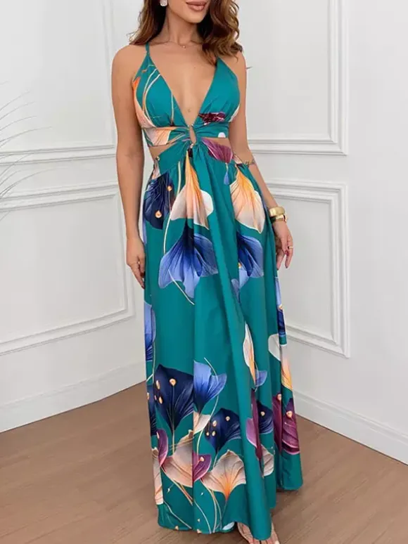 Vacation Dresses Maxi Cut Out Sleeveless V-Neck Sexy Cyan Blue Bohemian Dress