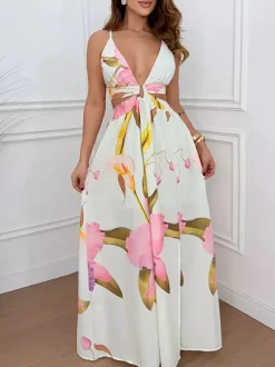 Vacation Dresses Maxi Cut Out Sleeveless V-Neck Sexy Cyan Blue Bohemian Dress