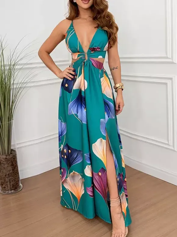 Vacation Dresses Maxi Cut Out Sleeveless V-Neck Sexy Cyan Blue Bohemian Dress