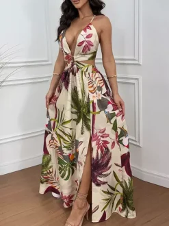 Vacation Dresses Maxi Cut Out Sleeveless V-Neck Sexy Cyan Blue Bohemian Dress