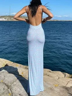 Vacation Dresses Maxi Flowers Sleeveless Floral Print Straps Neck Sexy Yellow Dress