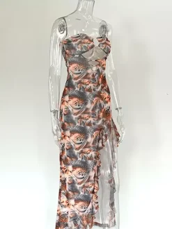 Vacation Dresses Maxi Irregular Sleeveless Strapless Sexy Leopard Dress