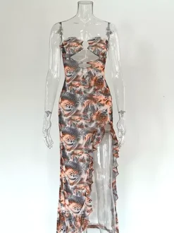 Vacation Dresses Maxi Irregular Sleeveless Strapless Sexy Leopard Dress