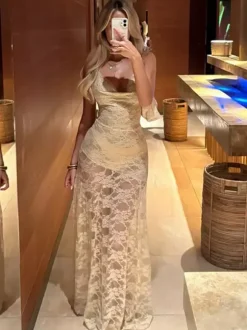 Vacation Dresses Maxi Lace Cowl Neck Elegant Apricot Summer Dress