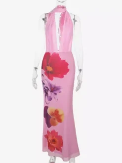 Vacation Dresses Maxi Lace Up Sleeveless Printed V-Neck Chic Pink A-line Dress