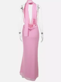 Vacation Dresses Maxi Lace Up Sleeveless Printed V-Neck Chic Pink A-line Dress