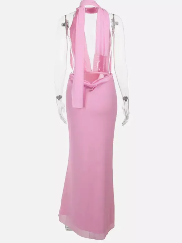 Vacation Dresses Maxi Lace Up Sleeveless Printed V-Neck Chic Pink A-line Dress