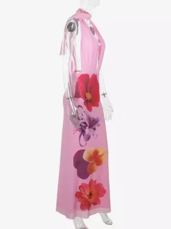 Vacation Dresses Maxi Lace Up Sleeveless Printed V-Neck Chic Pink A-line Dress
