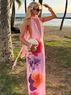 Vacation Dresses Maxi Lace Up Sleeveless Printed V-Neck Chic Pink A-line Dress