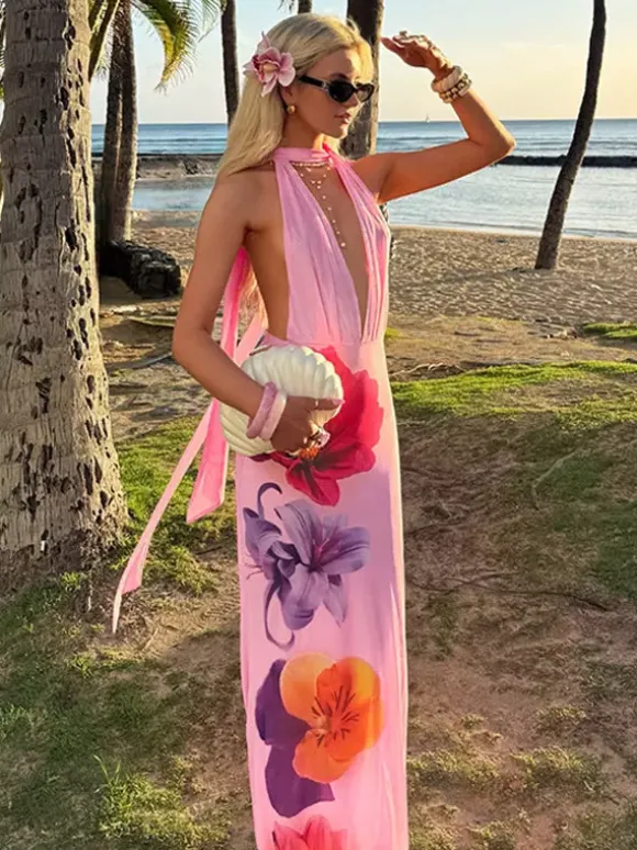 Vacation Dresses Maxi Lace Up Sleeveless Printed V-Neck Chic Pink A-line Dress