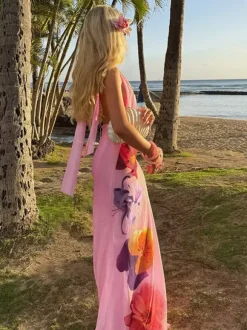 Vacation Dresses Maxi Lace Up Sleeveless Printed V-Neck Chic Pink A-line Dress