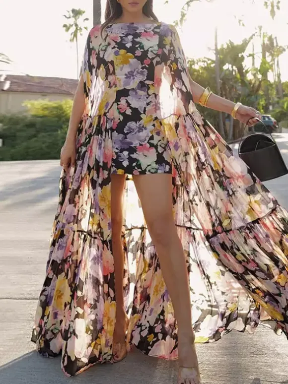 Vacation Dresses Maxi Ruffles Sleeveless Jewel Neck Sexy Black Bohemian Dress