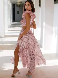 Vacation Dresses Maxi Ruffles Pleated Sleeveless Floral Print V-Neck Petal Sleeves Casual Orange Dresses