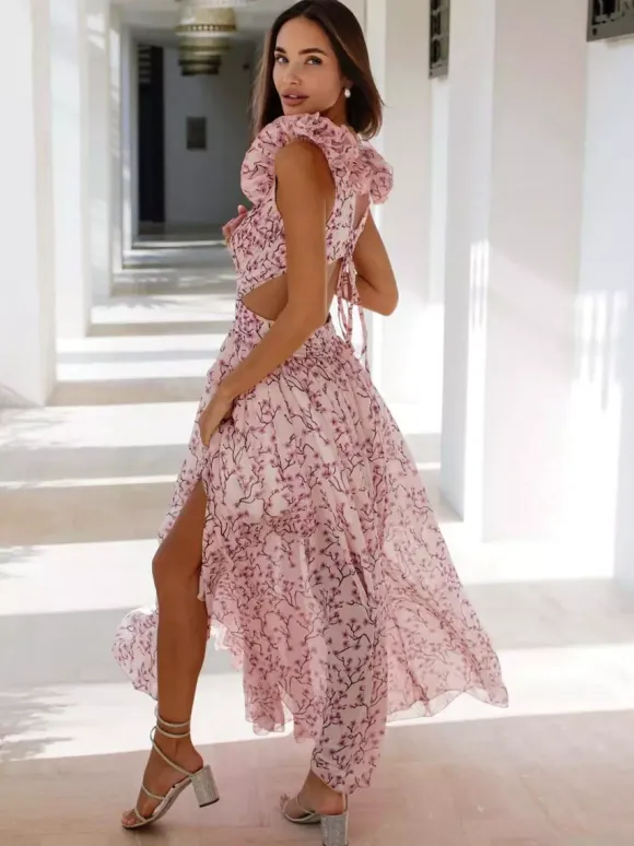 Vacation Dresses Maxi Ruffles Pleated Sleeveless Floral Print V-Neck Petal Sleeves Casual Orange Dresses