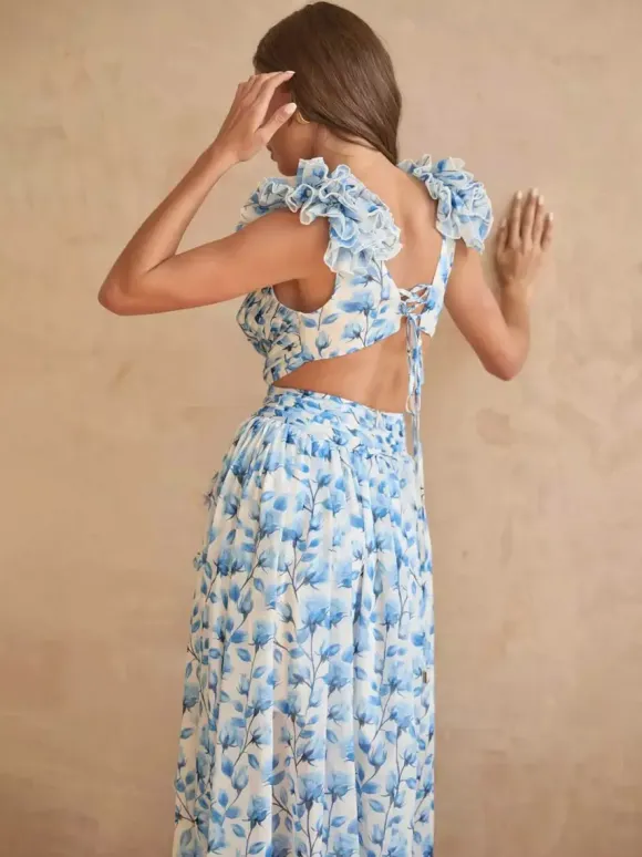 Vacation Dresses Maxi Ruffles Pleated Sleeveless Floral Print V-Neck Petal Sleeves Casual Orange Dresses