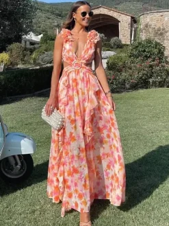 Vacation Dresses Maxi Ruffles Pleated Sleeveless Floral Print V-Neck Petal Sleeves Casual Orange Dresses
