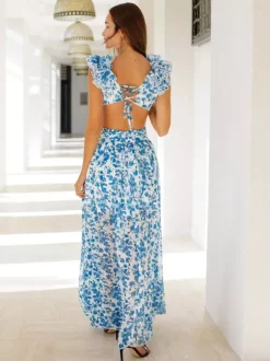 Vacation Dresses Maxi Ruffles Pleated Sleeveless Floral Print V-Neck Petal Sleeves Casual Orange Dresses