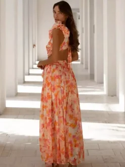 Vacation Dresses Maxi Ruffles Pleated Sleeveless Floral Print V-Neck Petal Sleeves Casual Orange Dresses