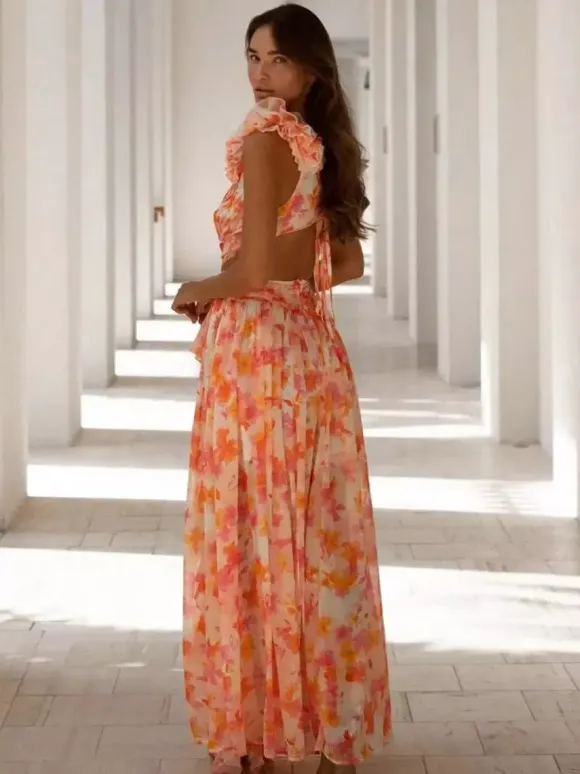 Vacation Dresses Maxi Ruffles Pleated Sleeveless Floral Print V-Neck Petal Sleeves Casual Orange Dresses