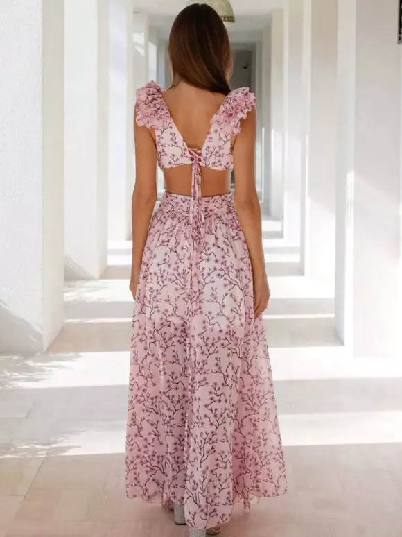 Vacation Dresses Maxi Ruffles Pleated Sleeveless Floral Print V-Neck Petal Sleeves Casual Orange Dresses
