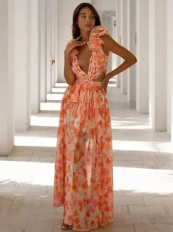 Vacation Dresses Maxi Ruffles Pleated Sleeveless Floral Print V-Neck Petal Sleeves Casual Orange Dresses