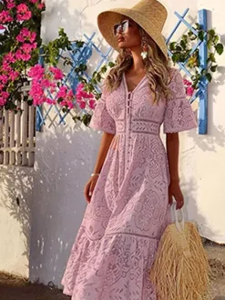 Vacation Dresses Maxi Shaping Lace Half Sleeves V-Neck Flared Sleeves Elegant Pink Dress