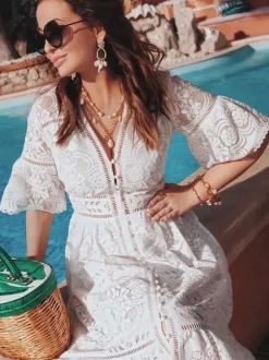 Vacation Dresses Maxi Shaping Lace Half Sleeves V-Neck Flared Sleeves Elegant Pink Dress