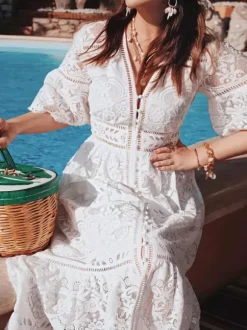 Vacation Dresses Maxi Shaping Lace Half Sleeves V-Neck Flared Sleeves Elegant Pink Dress