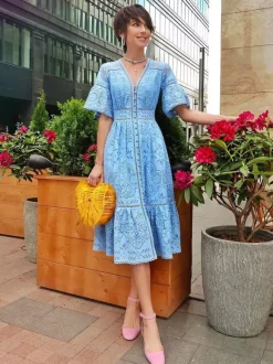 Vacation Dresses Maxi Shaping Lace Half Sleeves V-Neck Flared Sleeves Elegant Pink Dress