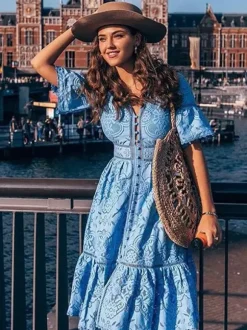 Vacation Dresses Maxi Shaping Lace Half Sleeves V-Neck Flared Sleeves Elegant Pink Dress