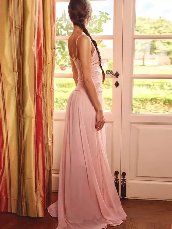 Vacation Dresses Maxi Sheer Sleeveless V-Neck Elegant Pink Summer Dress