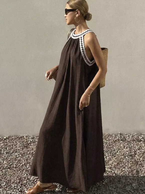 Vacation Dresses Maxi Sleeveless Strapless Retro Brown Summer Dresses
