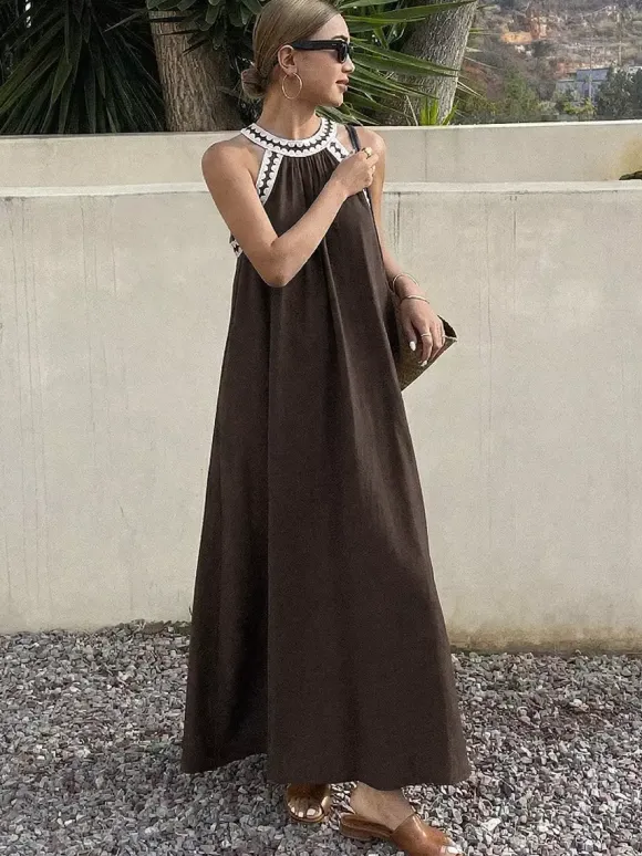 Vacation Dresses Maxi Sleeveless Strapless Retro Brown Summer Dresses