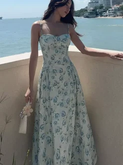 Vacation Dresses Maxi Sleeveless Floral Print Straps Neck Chic Green Dress