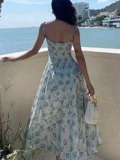 Vacation Dresses Maxi Sleeveless Floral Print Straps Neck Chic Green Dress